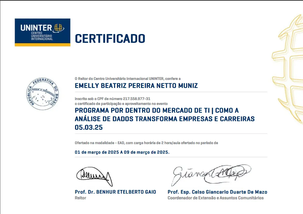 Certificado do Programa Por Dentro do Mercado de TI
